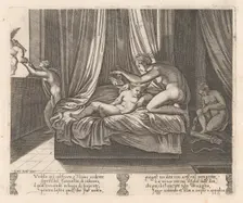 Plate 13: Psyche looking at Cupid, from the Story of Cupid and Psyche as told by Apulei..., 1530-60. Creator: Agostino Veneziano