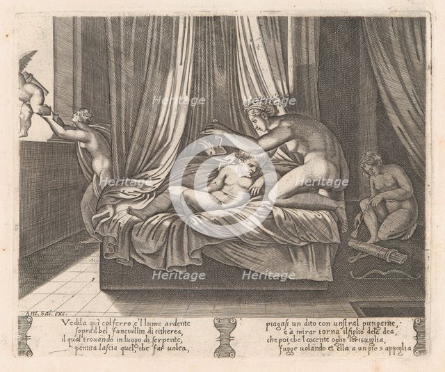 Plate 13: Psyche looking at Cupid, from the Story of Cupid and Psyche as told by Apulei..., 1530-60. Creator: Agostino Veneziano.