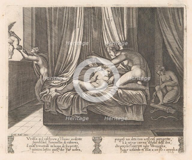 Plate 13: Psyche looking at Cupid, from the Story of Cupid and Psyche as told by Apulei..., 1530-60. Creator: Agostino Veneziano.