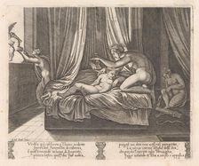 Plate 13: Psyche looking at Cupid, from the Story of Cupid and Psyche as told by Apulei..., 1530-60. Creator: Agostino Veneziano