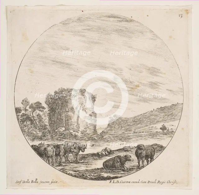 Plate 13: ruins of a temple in a Roman landscape, from 'Roman landscapes and ruins' (P..., ca. 1646. Creator: Stefano della Bella.