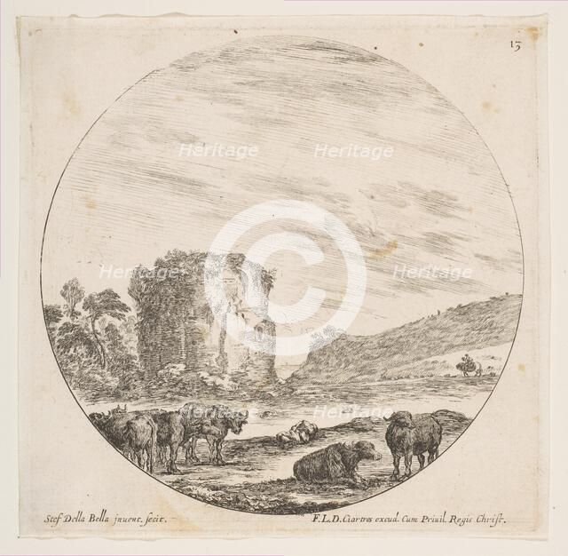 Plate 13: ruins of a temple in a Roman landscape, from 'Roman landscapes and ruins' (P..., ca. 1646. Creator: Stefano della Bella.