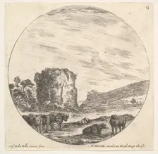 Plate 13: ruins of an ancient temple in the background, a herd of cows in the foreg..., ca. 1643-48. Creator: Stefano della Bella