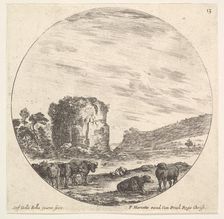 Plate 13: ruins of an ancient temple in the background, a herd of cows in the foreg..., ca. 1643-48. Creator: Stefano della Bella