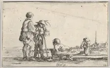 Plate 13: two peasants standing to left, a cripple kneeling on the ground in center, a..., ca. 1642. Creator: Stefano della Bella