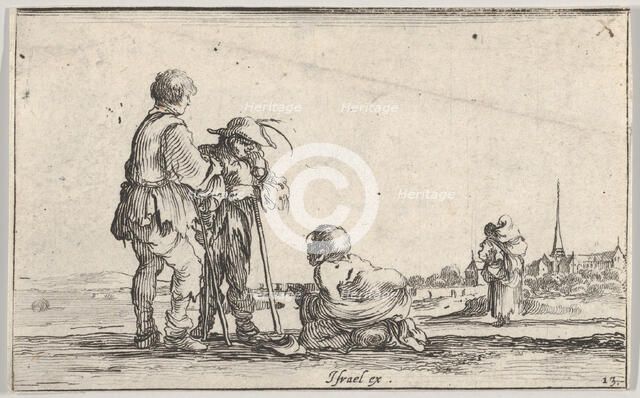 Plate 13: two peasants standing to left, a cripple kneeling on the ground in center, a..., ca. 1642. Creator: Stefano della Bella.