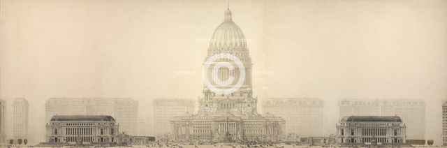 Plate 131 from The Plan of Chicago, 1909: Chicago. Elevation Showing the Group of Buildings... Creator: Daniel Burnham.