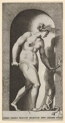 Plate 14: Ceres in a niche, facing right, standing over a two-headed snake and holding a h..., 1526. Creator: Giovanni Jacopo Caraglio