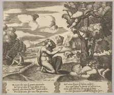 Plate 14: Cupid airborne fleeing from Psyche, from The Fable of Psyche 1530-60. Creator: Master of the Die