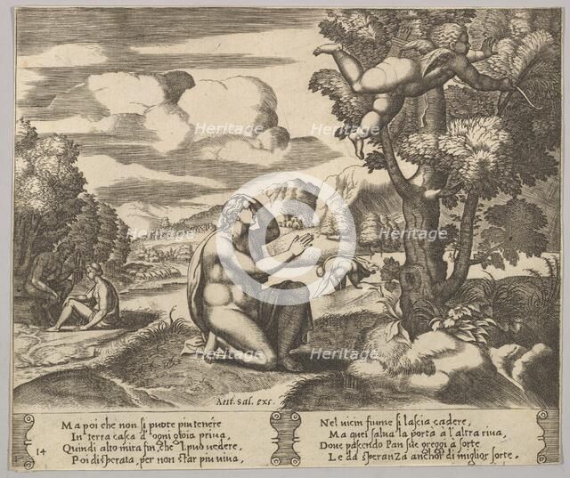 Plate 14: Cupid airborne fleeing from Psyche, from 'The Fable of Psyche', 1530-60. Creator: Master of the Die.