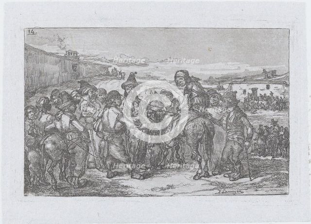 Plate 14: a large group of people outdoors, possibly a troupe of actors, from the series o..., 1850. Creator: Francisco Lameyer Berenguer.