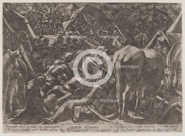 Plate 14: Gideon Terrorizing the Enemy Camp, from 'The Battles of the Old Tes..., ca. 1590-ca. 1610. Creator: Antonio Tempesta.
