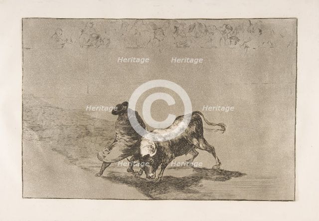Plate 14 from the 'Tauromaquia': The very skillful student of Falces, wrapped in his cape..., 1816. Creator: Francisco Goya.