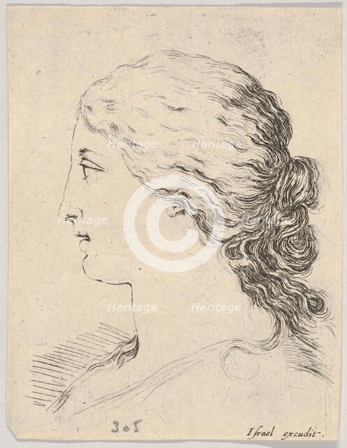 Plate 14: head of a woman, in profile, from 'The Book for Learning to Draw' (Livre pou..., ca. 1649. Creator: Stefano della Bella.