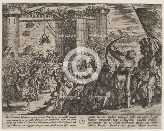 Plate 14: New Attack on the Old Fortress, from The War of the Romans Against the Batavians..., 1611. Creator: Antonio Tempesta.