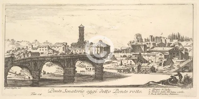 Plate 14: Senatorial Bridge, today called the Ponte Rotto (Broken Bridge). 1. Temple o..., ca. 1748. Creator: Giovanni Battista Piranesi.