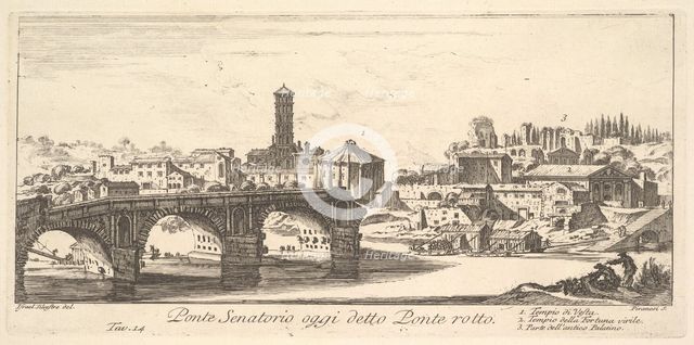 Plate 14: Senatorial Bridge, today called the Ponte Rotto (Broken Bridge). 1. Temple o..., ca. 1748. Creator: Giovanni Battista Piranesi.