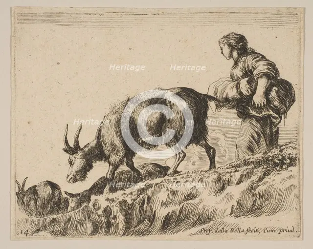 Plate 14: shepherdess herding goats, ca. 1641. Creator: Stefano della Bella.