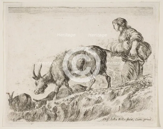 Plate 14: shepherdess herding goats, from 'Various animals' (Diversi animali), ca. 1641. Creator: Stefano della Bella.