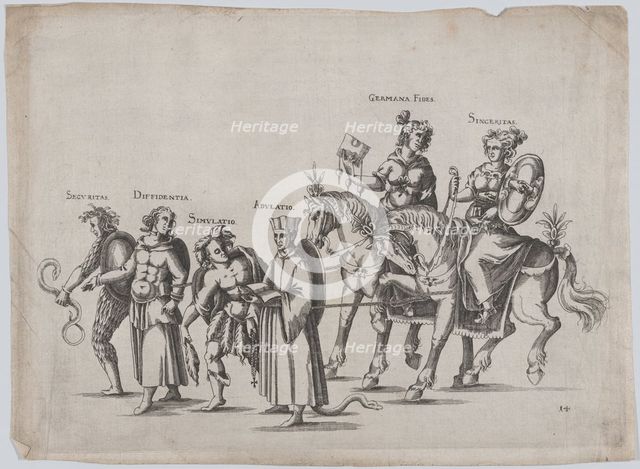 Plate 14: Six figures marching in a procession, two atop horses, a snake at bottom center;..., 1611. Creator: Balthasar Küchler.