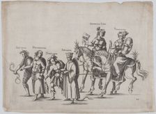 Plate 14: Six figures marching in a procession, two atop horses, a snake at bottom center;..., 1611. Creator: Balthasar Küchler