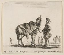 Plate 15: a Polish nobleman, facing away, holding his horse covered in leopard skin..., ca. 1644-47. Creator: Stefano della Bella