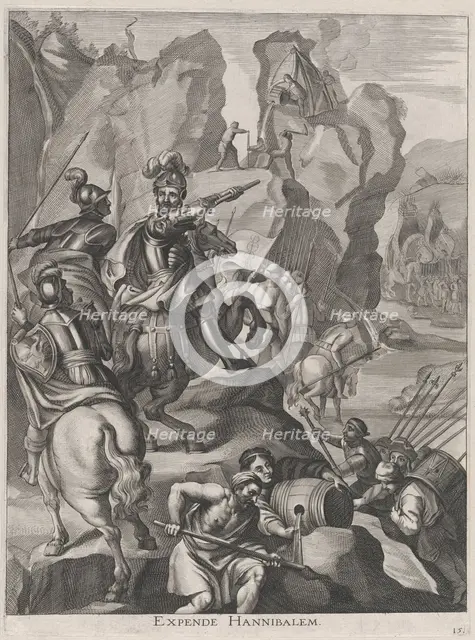 Plate 15: Ferdinand as Hannibal crossing the Alps; from Guillielmus Becanus's 'Serenissimi..., 1636. Creators: Johannes Meursius, Willem van der Beke.