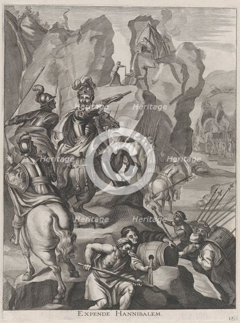 Plate 15: Ferdinand as Hannibal crossing the Alps; from Guillielmus Becanus's 'Serenissimi..., 1636. Creators: Johannes Meursius, Willem van der Beke.