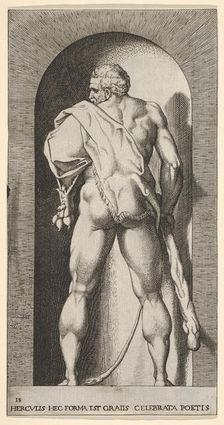 Plate 15: Hercules standing in a niche, wearing a lion skin and holding a club, viewed fro..., 1526. Creator: Giovanni Jacopo Caraglio
