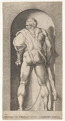Plate 15: Hercules standing in a niche, wearing a lion skin and holding a club, viewed fro..., 1526. Creator: Giovanni Jacopo Caraglio