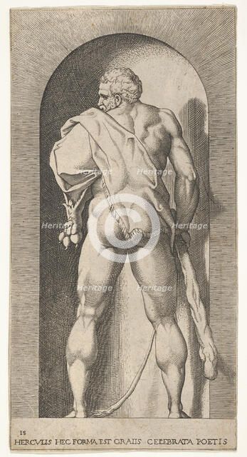 Plate 15: Hercules standing in a niche, wearing a lion skin and holding a club, viewed fro..., 1526. Creator: Giovanni Jacopo Caraglio.