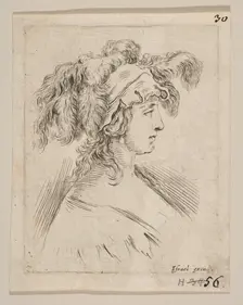 Plate 15: mid-bust of a young woman in profile wearing a hat topped with feathers, fro..., ca. 1649. Creator: Stefano della Bella