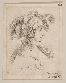 Plate 15: mid-bust of a young woman in profile wearing a hat topped with feathers, fro..., ca. 1649. Creator: Stefano della Bella
