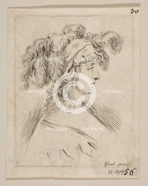 Plate 15: mid-bust of a young woman in profile wearing a hat topped with feathers, fro..., ca. 1649. Creator: Stefano della Bella.