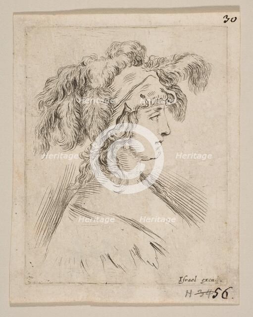 Plate 15: mid-bust of a young woman in profile wearing a hat topped with feathers, fro..., ca. 1649. Creator: Stefano della Bella.