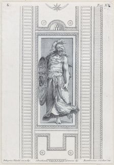 Plate 15: mythological figure wearing a helmet and holding a shield, 1756. Creators: Bartolomeo Crivellari, Sebastiano Gamma