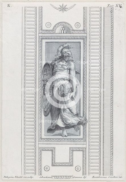 Plate 15: mythological figure wearing a helmet and holding a shield, 1756. Creators: Bartolomeo Crivellari, Sebastiano Gamma.