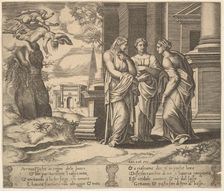 Plate 15: Psyche relating her misfortunes to her sisters, from The Fable of Psyche, 1530-60. Creator: Master of the Die