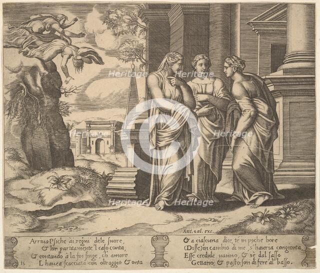 Plate 15: Psyche relating her misfortunes to her sisters, from The Fable of Psyche, 1530-60. Creator: Master of the Die.