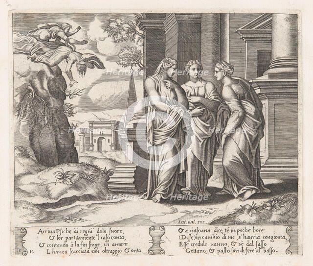 Plate 15: Psyche telling her sisters about her misfortunes, with her sisters falling of..., 1530-60. Creator: Master of the Die.