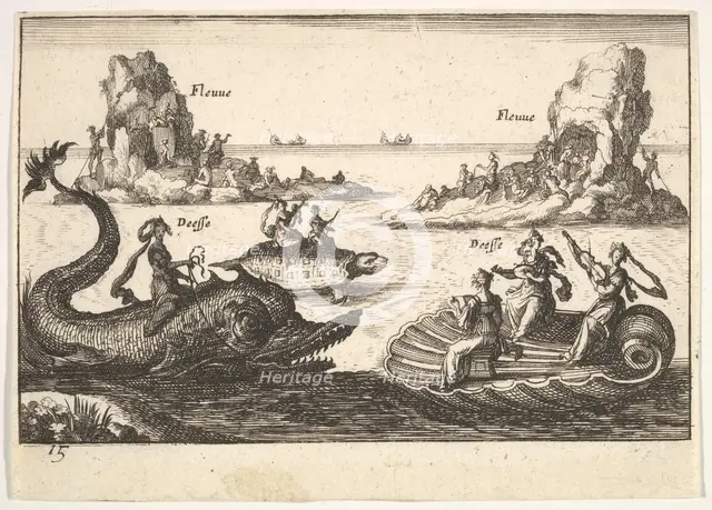 Plate 15: Rivers and goddesses, with floating islands guided by pole bearers, female figur..., 1664. Creator: Unknown.