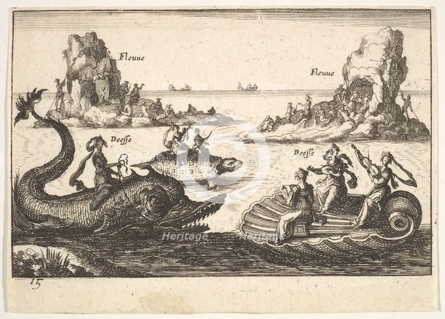 Plate 15: Rivers and goddesses, with floating islands guided by pole bearers, female figur..., 1664. Creator: Unknown.