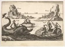 Plate 15: Rivers and goddesses, with floating islands guided by pole bearers, female figur..., 1664. Creator: Unknown