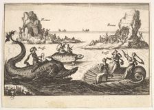 Plate 15: Rivers and goddesses, with floating islands guided by pole bearers, female figur..., 1664. Creator: Unknown