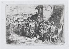 Plate 16: a group of people outdoors, including a man pouring wine or water from a vessel ..., 1850. Creator: Francisco Lameyer Berenguer