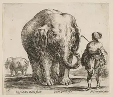 Plate 16: an elephant in center, his mahout standing to the right wearing an Orient..., ca. 1644-47. Creator: Stefano della Bella