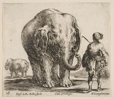 Plate 16: an elephant in center, his mahout standing to the right wearing an Orient..., ca. 1644-47. Creator: Stefano della Bella