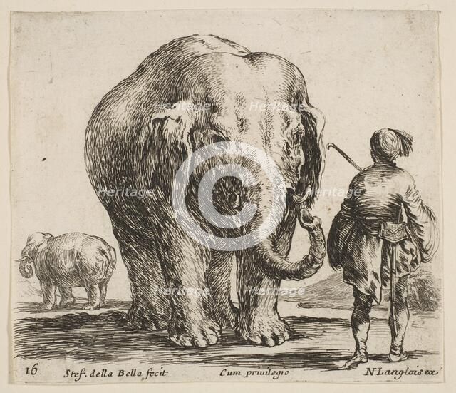 Plate 16: an elephant in center, his mahout standing to the right wearing an Orient..., ca. 1644-47. Creator: Stefano della Bella.