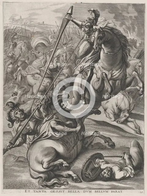 Plate 16: Battle of Achilles against the Trojans; from Guillielmus Becanus's 'Serenissimi ..., 1636. Creators: Johannes Meursius, Willem van der Beke.