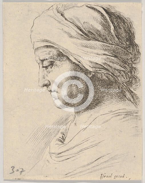 Plate 16: head of an old man in profile with a cloth tied around his head, from 'The B..., ca. 1649. Creator: Stefano della Bella.